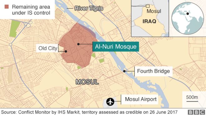 Карта Мосула с изображением Старого города, который все еще контролируется ИС
