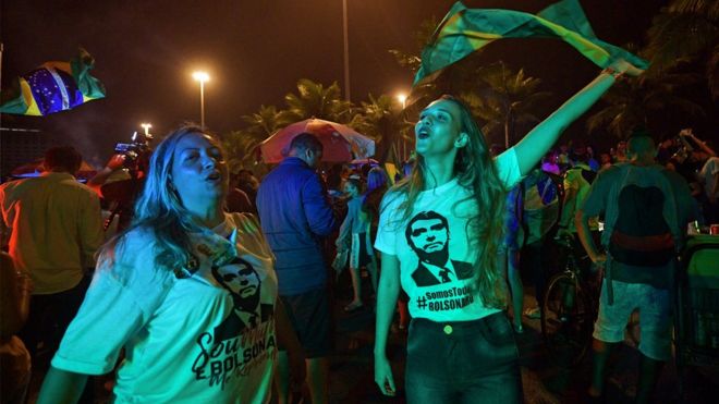 Сторонники Джера Болсонаро празднуют возле своего дома в Рио-де-Жанейро 7 октября 2018 года
