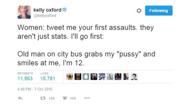 Твитт гласит: Женщины: твитни мне свои первые атаки. они не просто статистика. Я пойду первым. Старик на городском автобусе хватает мою "киску" и улыбается мне, мне 12.