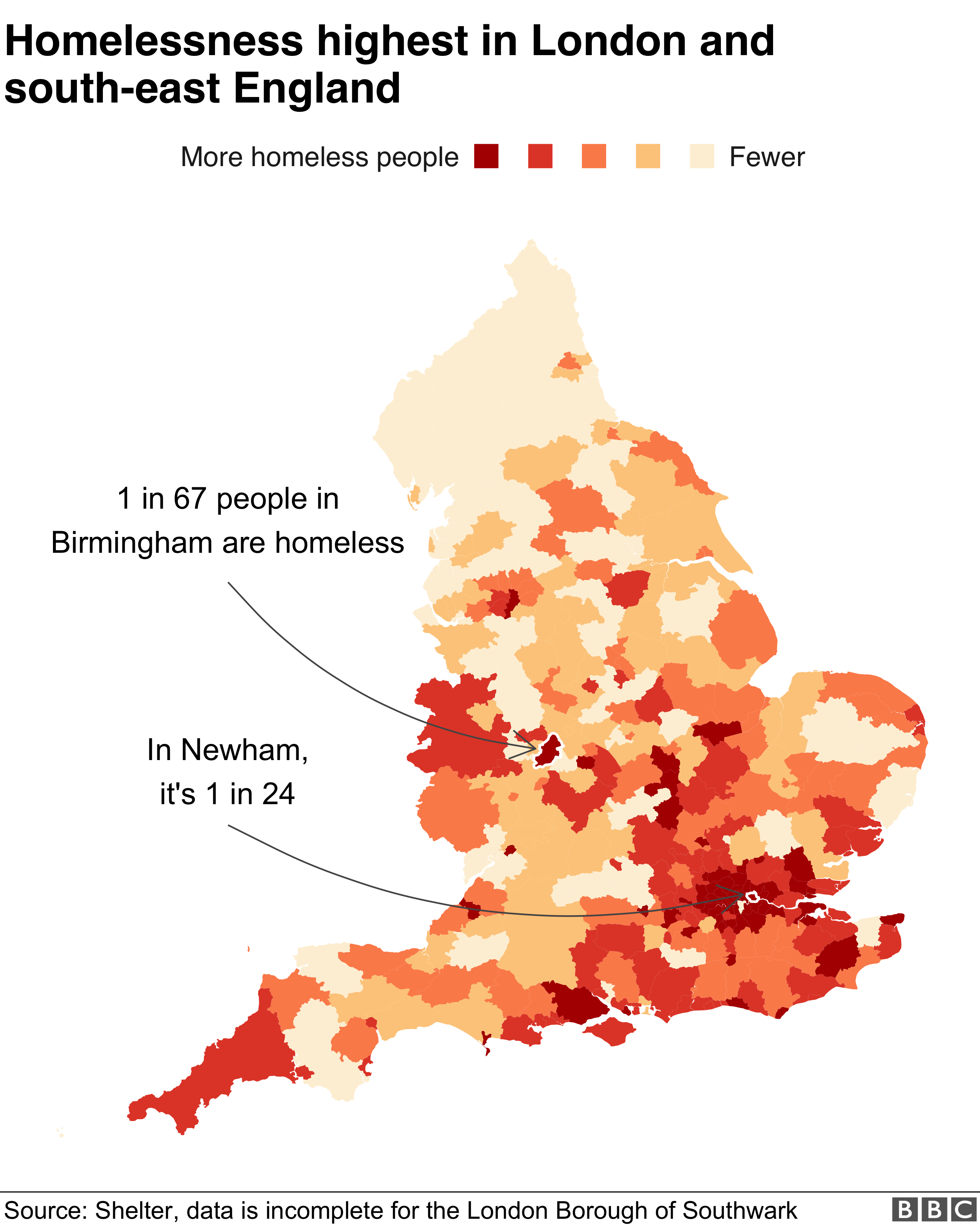 Карта, показывающая, где бездомность самая высокая в Англии
