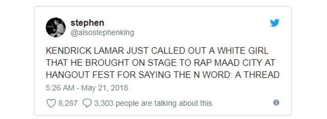Твит о том, что Кендрик Ламар призывает фаната использовать N-слово