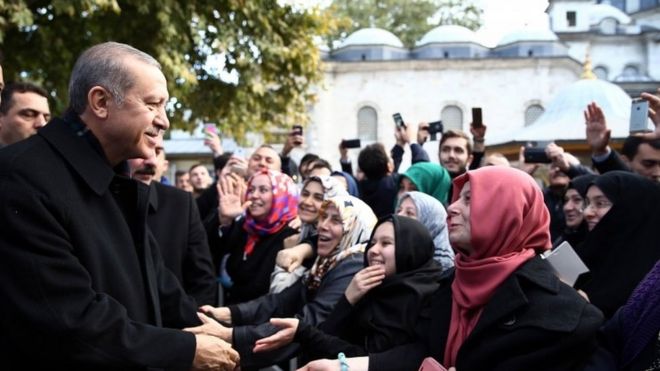 Президент Турции Реджеп Тайип Эрдоган общается со своими сторонниками в Стамбуле после победы на выборах (2 ноября 2015 года)
