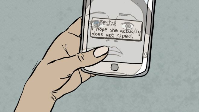 Иллюстрация девочки, держащей мобильный телефон с текстовым сообщением, которое гласит: «Я надеюсь, что она действительно изнасилована»