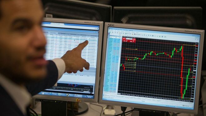 A trader points to a the trading terminal screen showing the S&P 500 Index, as he works at ETX Capital in central London on November 9, 2016, following the result of the US presidential election