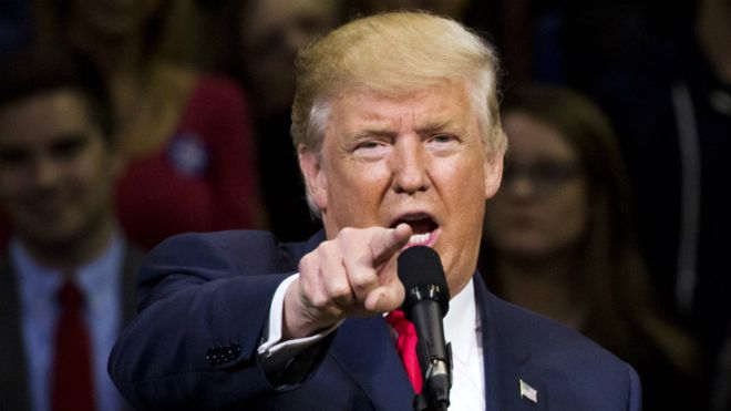 Donald Trump speaks during a rally at Mohegan Sun Arena in Wilkes-Barre, Pennsylvania - 10 October 2016