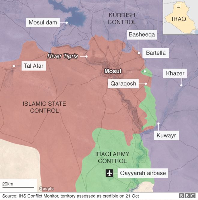 Карта Би-би-си, на которой показана большая полоса северного Ирака, сосредоточенная в Мосуле и находящаяся под контролем так называемого Исламского государства, с востока три района, находящиеся под контролем иракских вооруженных сил, и еще север, районы, находящиеся под контролем курдов, 21 октября 2016 года
