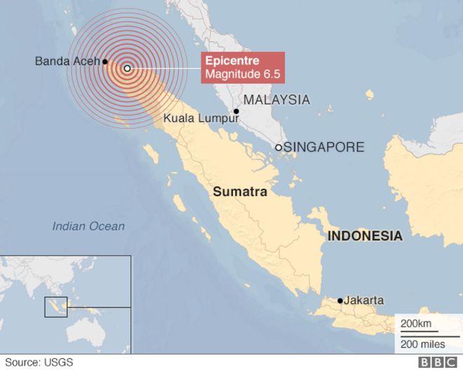 Карта Индонезии с эпицентром землетрясения