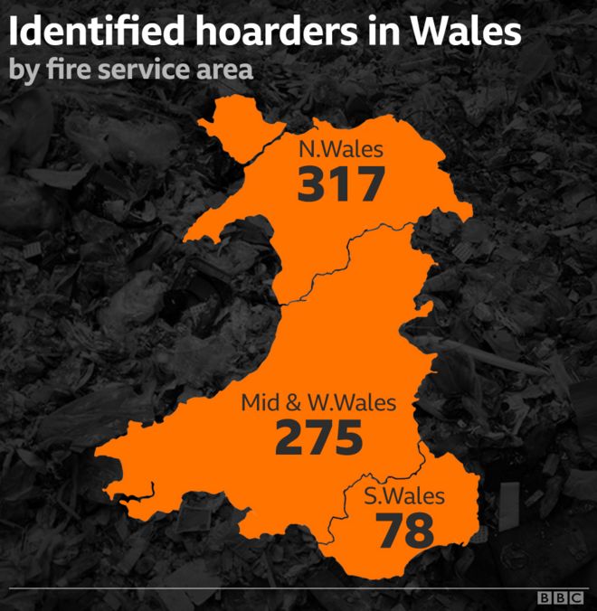 Карта, показывающая количество накопителей в каждой зоне валлийской пожарной службы