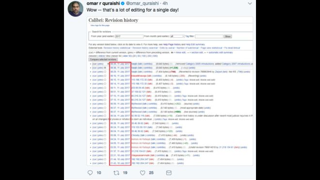 Чирикать, показывающий изображение страницы редактирования Википедии для шрифта Calibri и сообщение о том, что «много редактирования за один день!»