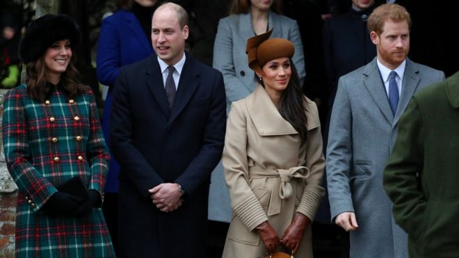 Герцог и герцогиня Кембриджские с герцогом и герцогиней Сассекскими в Сандрингеме на Рождество 2017 г.