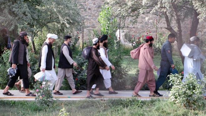 Раздаточная фотография, предоставленная Советом национальной безопасности (СНБ) Афганистана, показывает заключенных талибов, готовящихся к выходу из государственной тюрьмы в Кабуле, Афганистан, 13 августа 2020 г.