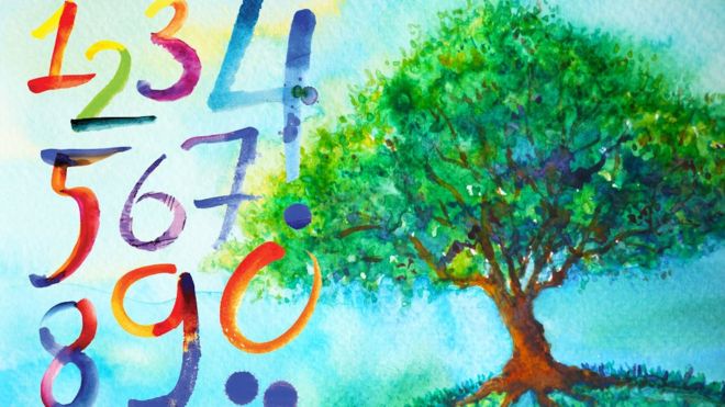 Números en pintura de árbol y cielo
