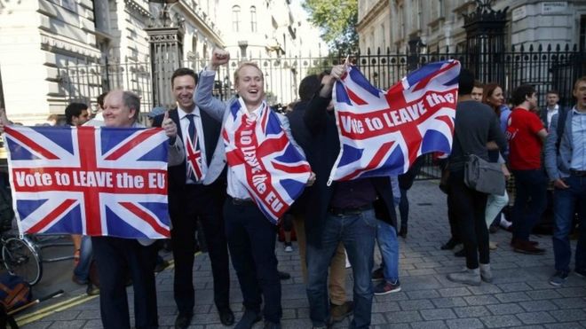 Leave supporters celebrating in Downing Street