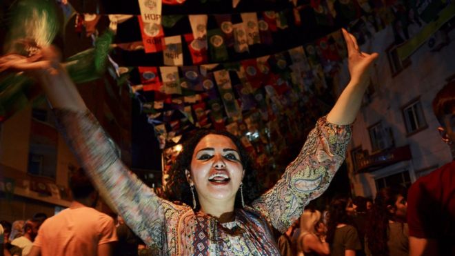 Женщины танцуют под предвыборными знаменами ГДП в преимущественно курдском городе Диярбакыр