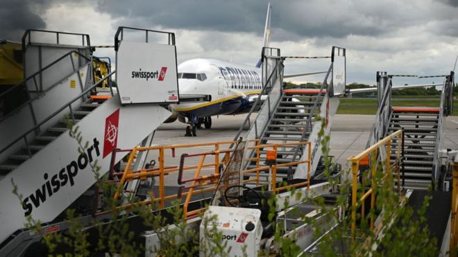 Лестницы Swissport и другое наземное оборудование самолетом Ryanair в аэропорту Манчестера в мае
