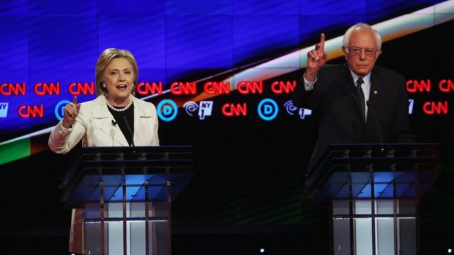 Democratic Presidential candidates Hillary Clinton and Sen. Bernie Sanders (D-VT) debate during the CNN Democratic Presidential Primary Debate