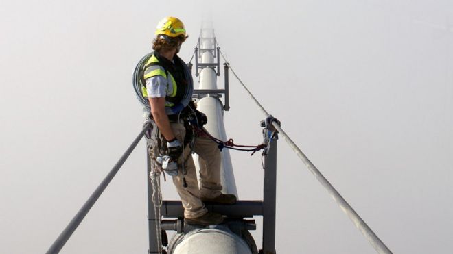 Hombre trabajando sobre un puente