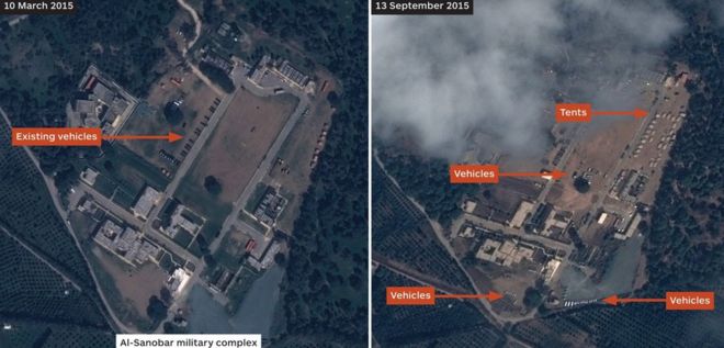Спутниковые снимки, опубликованные IHS Jane's 22 сентября 2015 г., демонстрирующие активность в военном комплексе аль-Санобар в Сирии в период с 10 марта 2015 г. по 13 сентября 2015 г.
