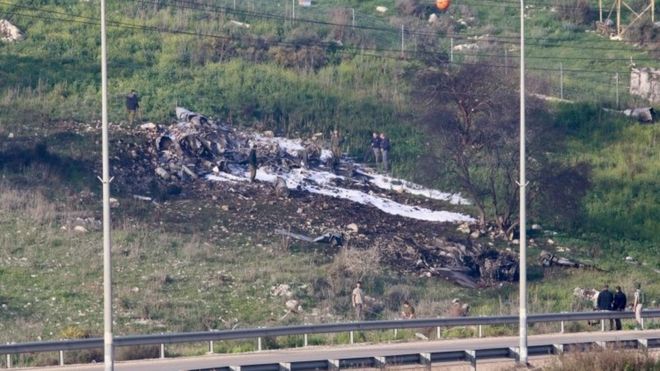 Sitio del accidente de un avión F-16 israelí, 10 de febrero de 2018
