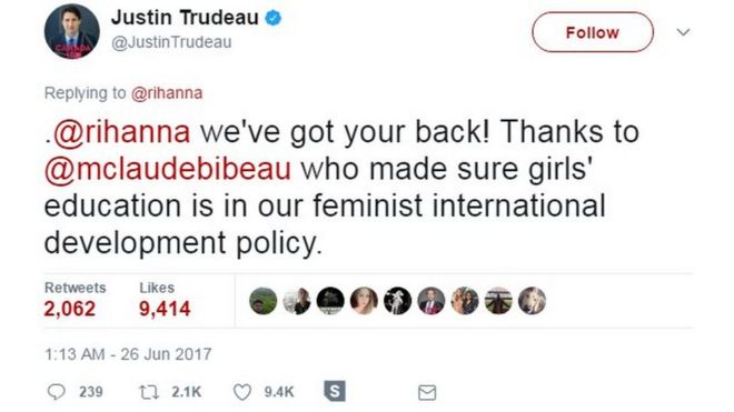 . @ rihanna у нас есть твоя спина! Спасибо @mclaudebibeau, который позаботился о том, чтобы образование девочек входило в нашу феминистскую международную политику развития.