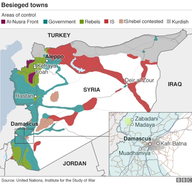 Карта, показывающая осажденные города в Сирии