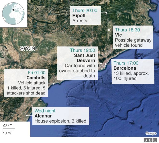Временная карта, показывающая Барселону и последующие атаки