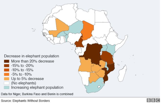 Карта, показывающая изменение популяции слонов в Африке