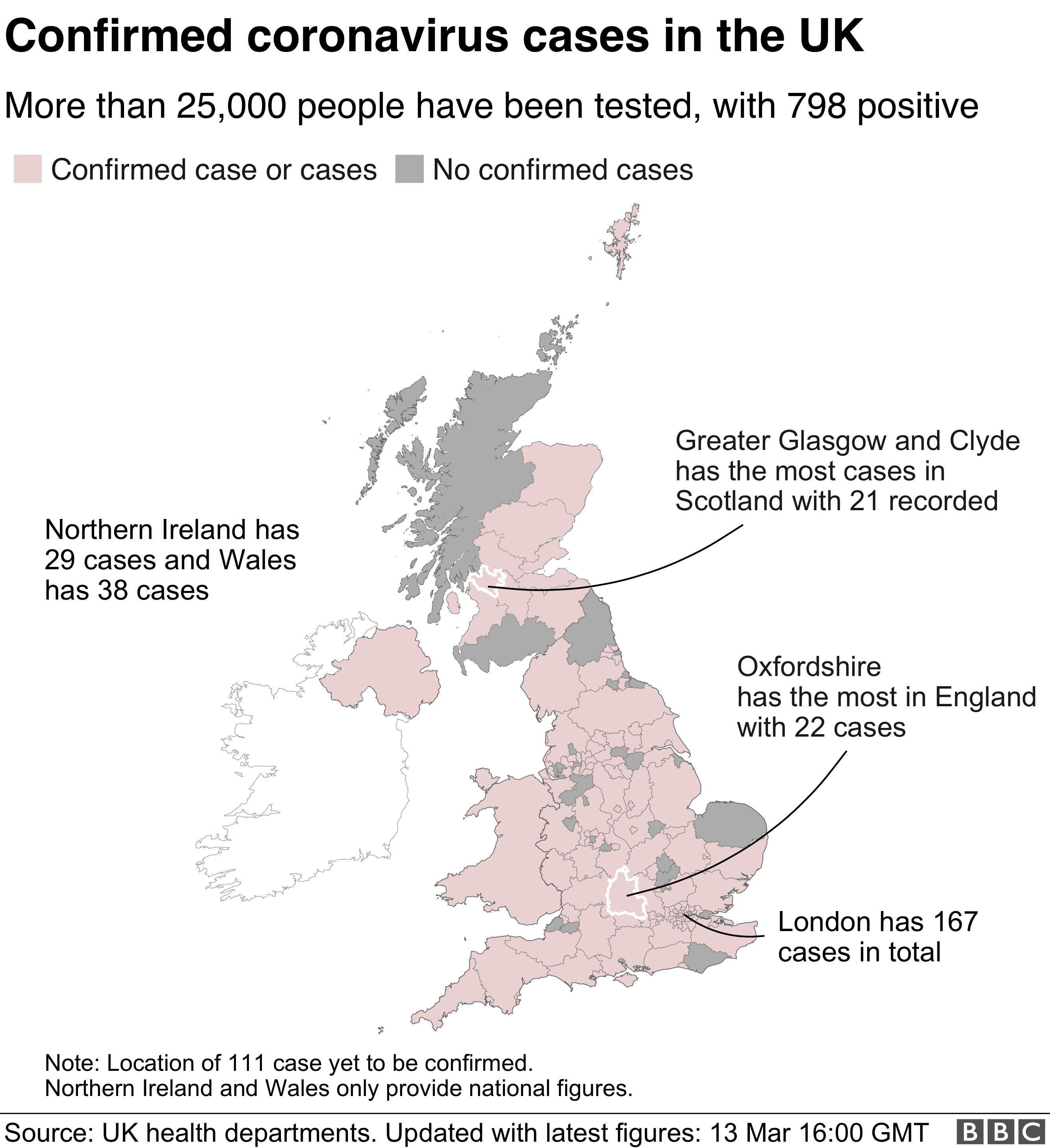 Map showing 798 cases across the UK