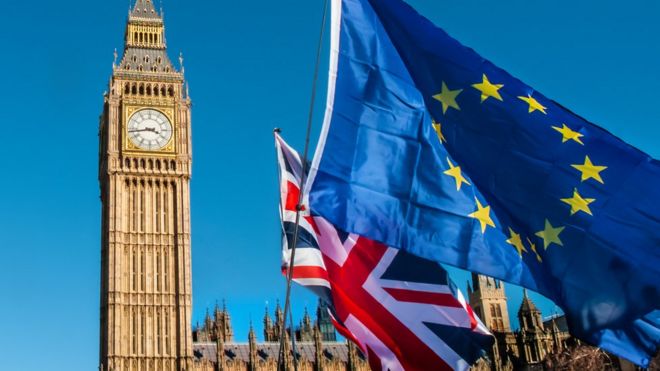 Bandeiras da União Europeia e do Reino Unido com o Big Ben ao fundo