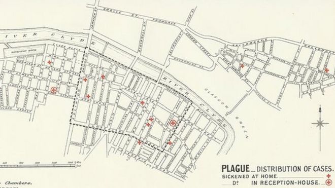 Карта, показывающая распространение случаев чумы в Глазго в 1900 году