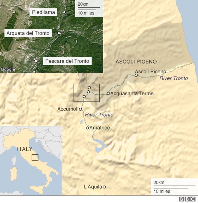 Карта районов землетрясений в Центральной Италии