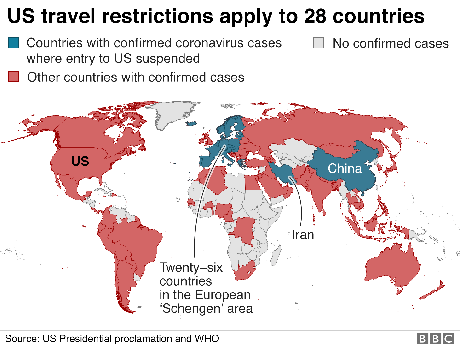 Map showing where US travel restrictions apply