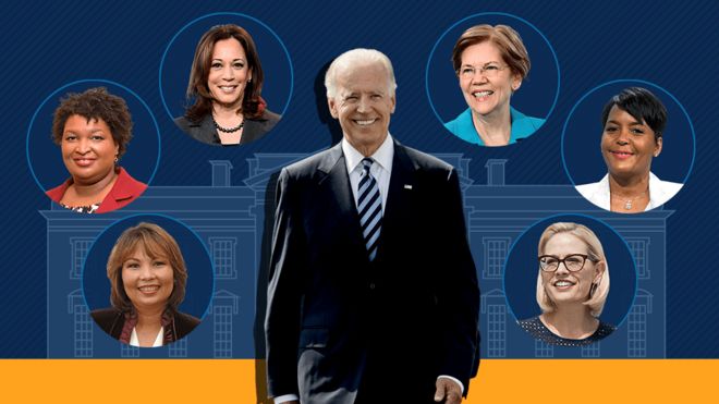 Graphic showing Joe Biden with various politicians in the running for vice-presidential contender