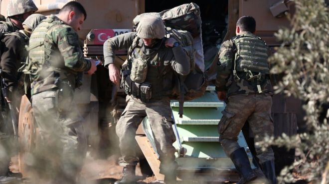 Turkish soldiers deployed on Mount Bersaya, north of the Syrian town of Azaz near the border with Turkey, on January 29, 2018.