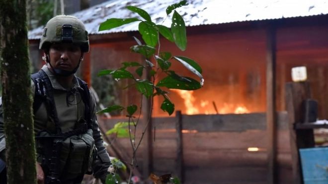 Colombian drug squad members walk away from a cocaine processing lab after setting it on fire during an operation in a rural area of the municipality of Calamar, Guaviare deparment, Colombia, on August 2, 2016.