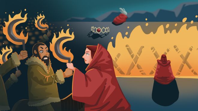 Ilustração do momento em que Melisandre ilumina armas dos dothraki com fogo