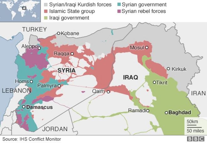 Карта, показывающая контроль над Ираком и Сирией