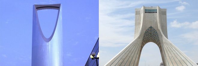 составное изображение с изображением башни Царства в Саудовской Аравии (слева) и башни Азади в Иране (справа) - 4 января 2016 года