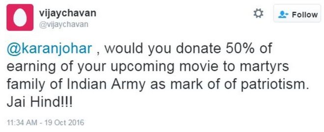 @karanjohar, не могли бы вы пожертвовать 50% дохода от вашего предстоящего фильма семье мучеников индийской армии в знак патриотизма. Джай Хинд!!!