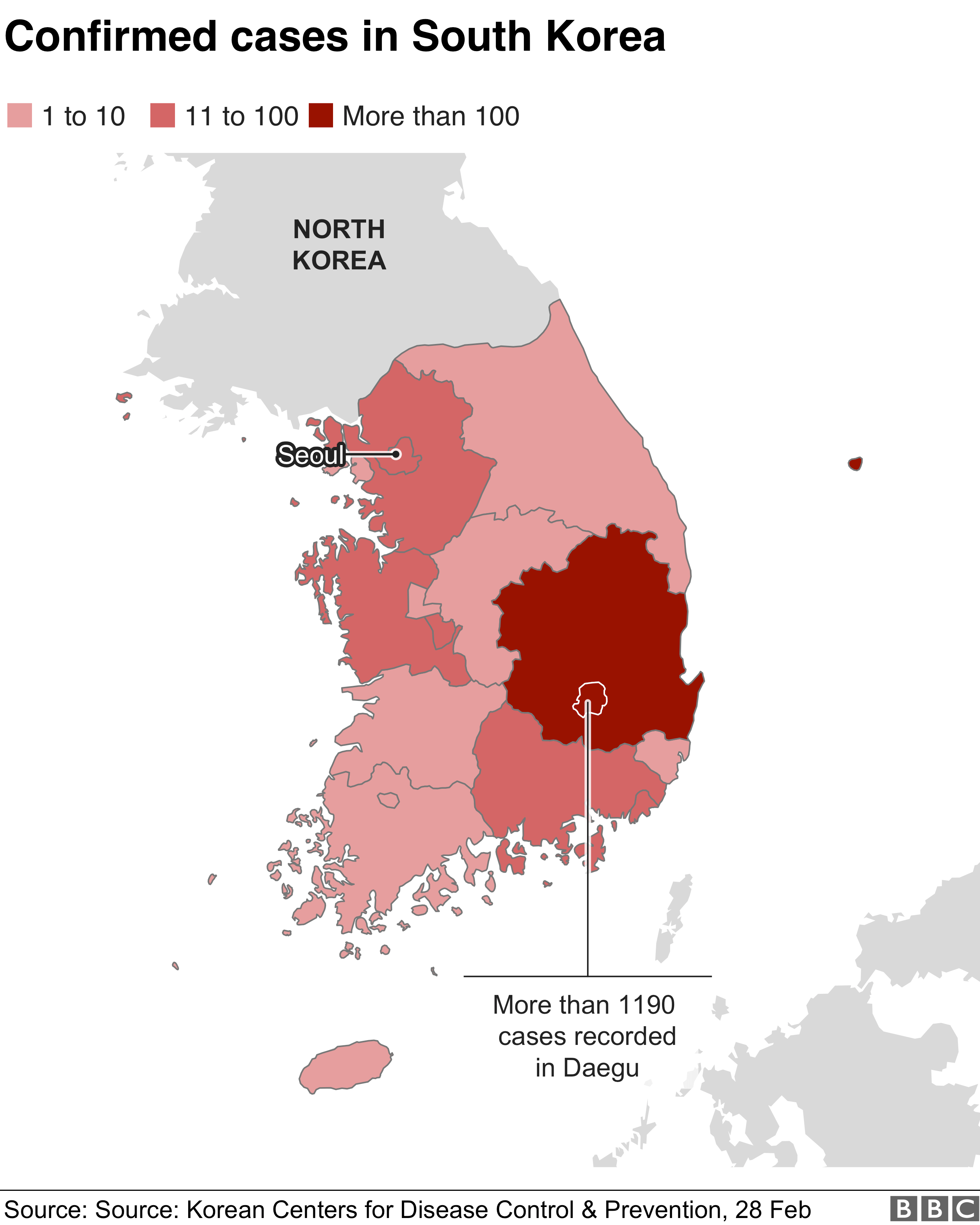 Map showing the worst-affected areas of South Korea