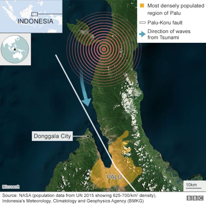 Карта, показывающая местоположение землетрясения и направление цунами