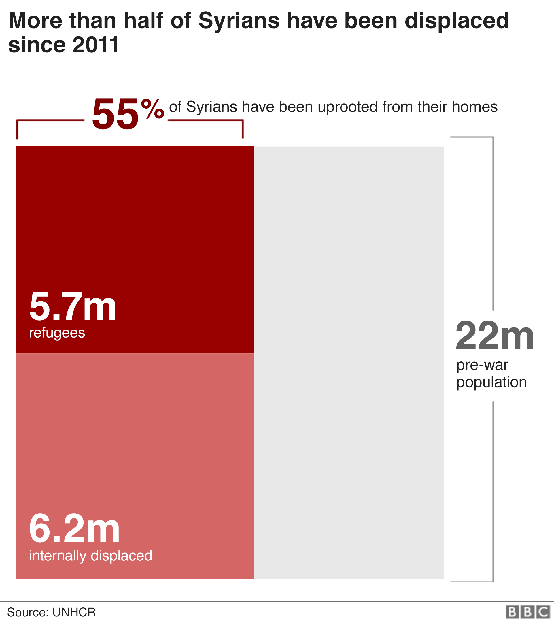Диаграмма, показывающая, что 55% сирийцев были изгнаны из своих домов