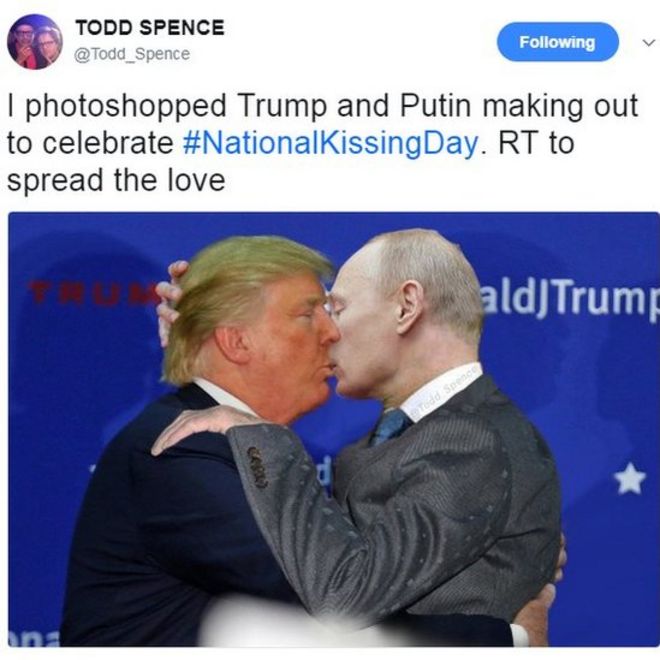 Я сфотографировал Трампа и Путина, собирающихся отпраздновать #NationalKissingDay. RT распространять любовь