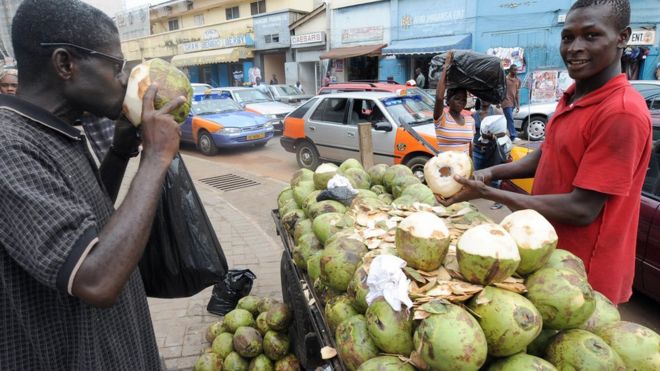 Мужчина пьет кокосовую воду в Аккре, Гана - архивный снимок