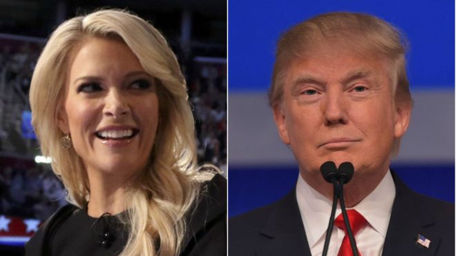 Ведущая Fox News Мегин Келли (слева) и кандидат в президенты от республиканцев Дональд Трамп