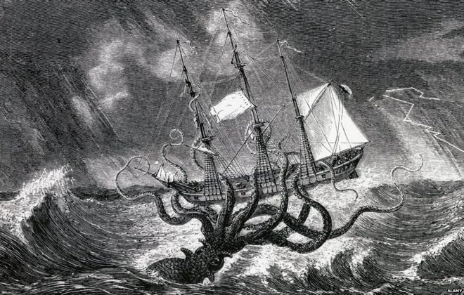 Кракен изображен как гигантский кальмар