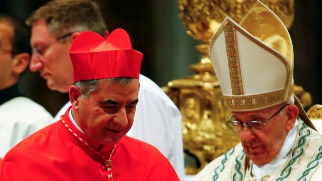 Cardinal Giovanni Angelo Becciu pictured with Pope Francis