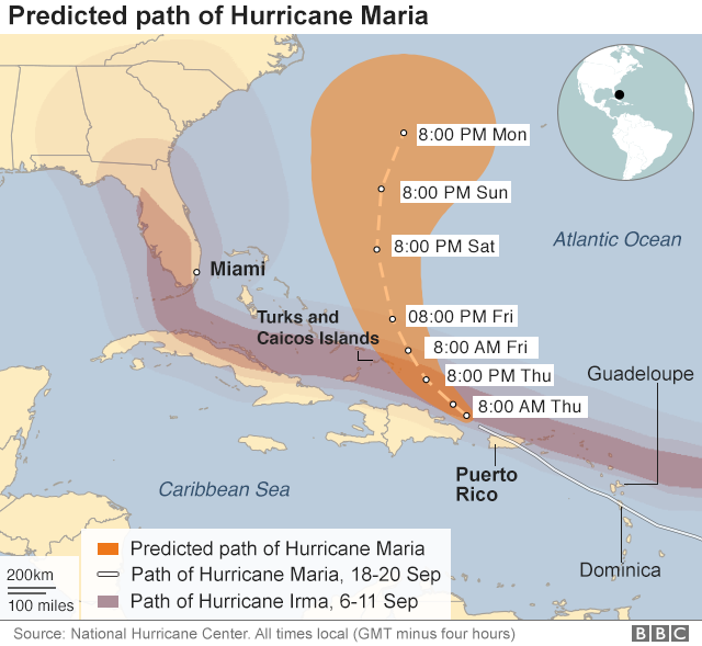 Карта, показывающая пути урагана Мария и Ирма