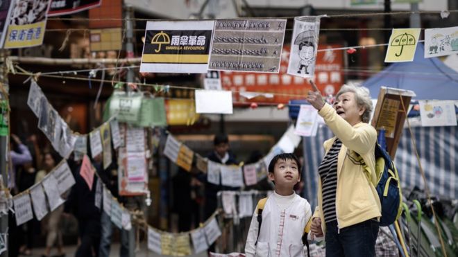 Пожилая женщина объясняет ребенку значение плакатов, установленных демонстрантами, выступающими за демократию, на месте протеста в районе Козуэй Бэй в Гонконге 14 ноября 2014 года.