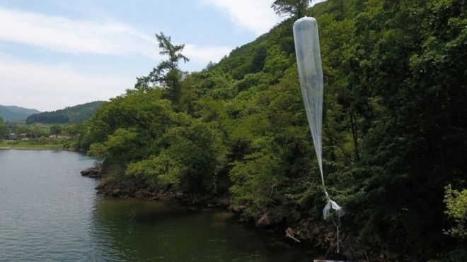 A propaganda balloon stuck in a tree